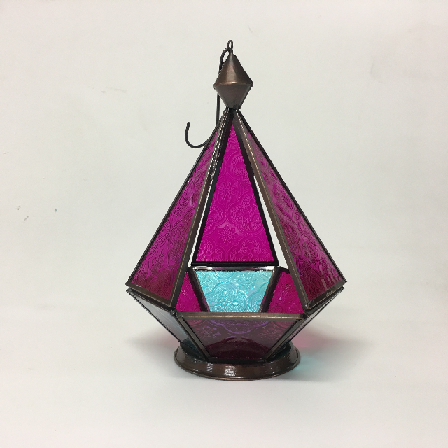 LANTERN (Candle Holder), Tent Shape w Pink Blue Glass - 22cm H